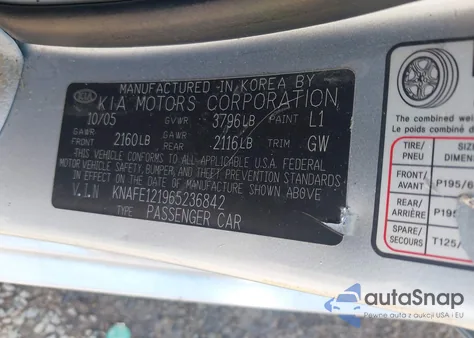 2006 Kia Spectra Ex/Lx/Sx z USA, uszkodzony, nr VIN KNAFE121965236842